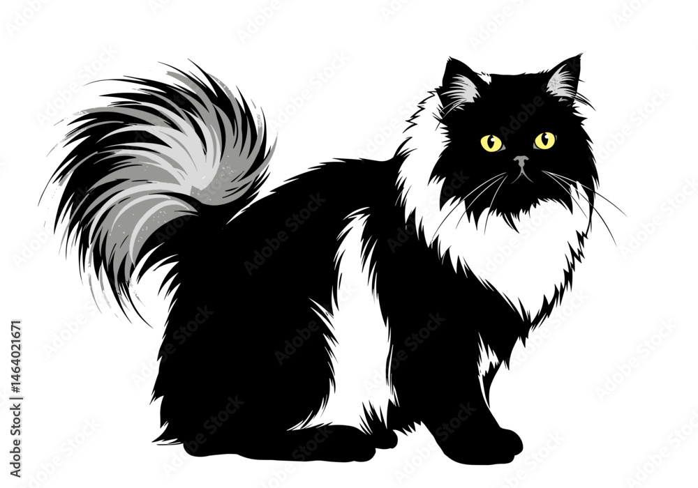 Stylized long-haired cat in bold lines and minimal strokes with expressive yellow eyes and textured tail. Perfect for pet branding, interior prints, animal care projects, and elegant visual content. Stylized long-haired cat in bold lines and minimal strokes with expressive yellow eyes and textured tail. Perfect for pet branding, interior prints, animal care projects, and elegant visual content.