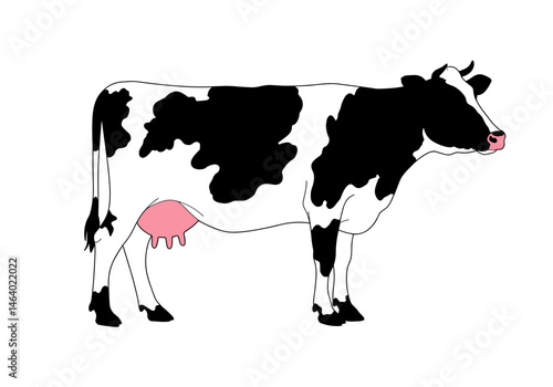 Stylized cow in bold lines with pink color accents on udder and nose. Perfect for eco-labeled dairy packaging, farm-themed designs, ethical agriculture visuals, and minimalist animal art.