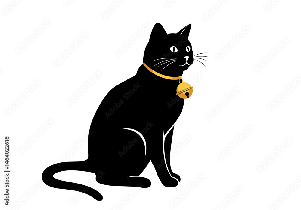 Obraz premium Stylized black cat with golden bell conveys elegance and mystery. Ideal for modern decor, pet branding, ethical campaigns, and minimalist animal-themed visual design.