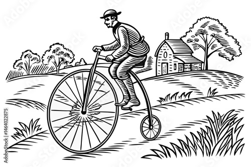 75 Vintage illustration, penny-farthing bicycle, 19th century, countryside road, lone rider, black and white sketch, detailed linework, scenic landscape, village in background, historical transportati