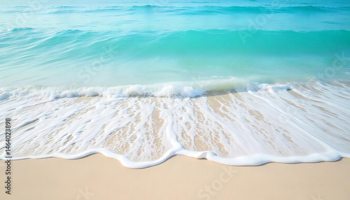 Wave crashing on a sandy beach, clear turquoise water, white foam, sunny day, tropical paradise, relaxing vacation, coastal scenery, ocean breeze photo