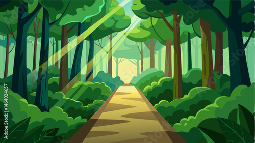 The path leads through a dense forest with a canopy of vibrant green leaves and occasional bursts of sunlight breaking through.