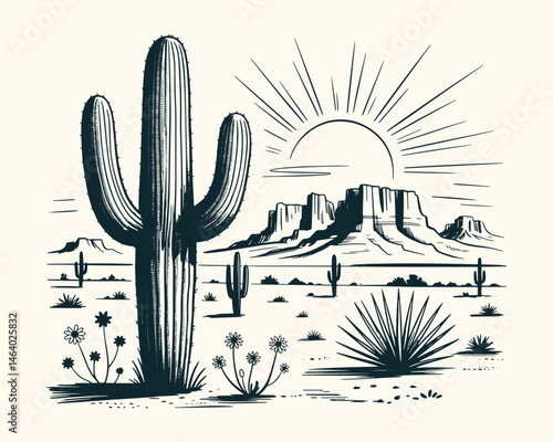 Hand-Sketched Vintage Ink Drawing of Desert Scene with Saguaro Cactus, Wildflowers, Mesas, and Radiating Sun in Southwestern Style