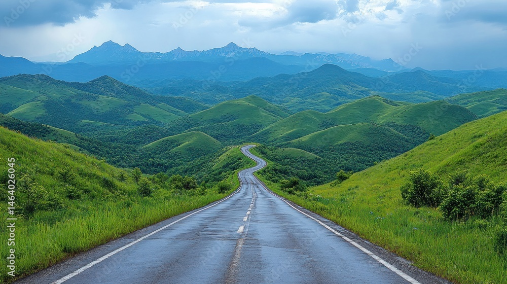Fototapeta premium Scenic Mountain Road Trip: Winding Asphalt Through Lush Green Hills