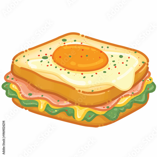 Cartoon sandwich with fried egg, ham, cheese and lettuce - colorful food illustration, hamburger on a white background 