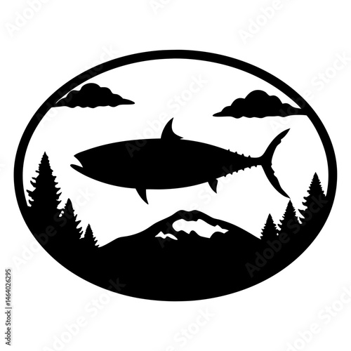 Black silhouette of a tuna fish within an oval nature design element
