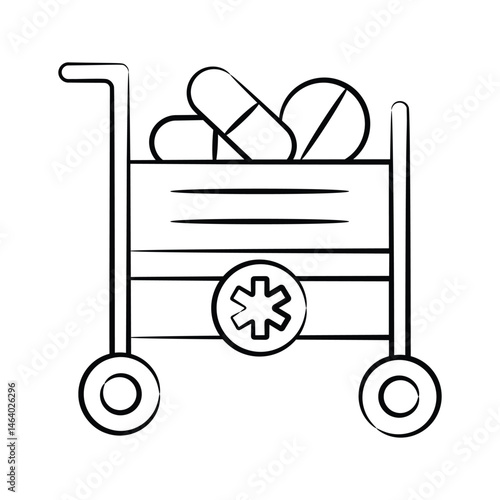 Ready to use hand drawn icon showing medical cart filled with medicines