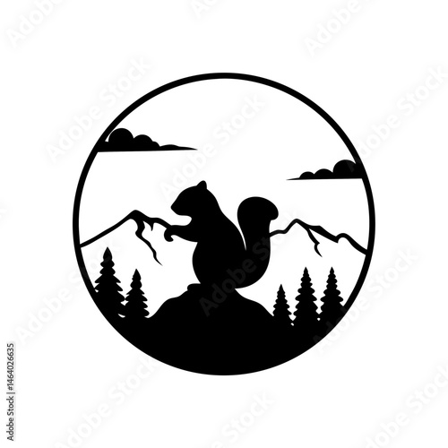 Silhouette design of squirrel in a circle with mountains and trees on white background