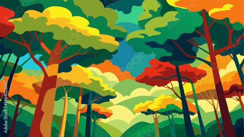 The forest canopy painting a mosaic of colors with varying tones of green yellow and red blending together in a beautiful display.
