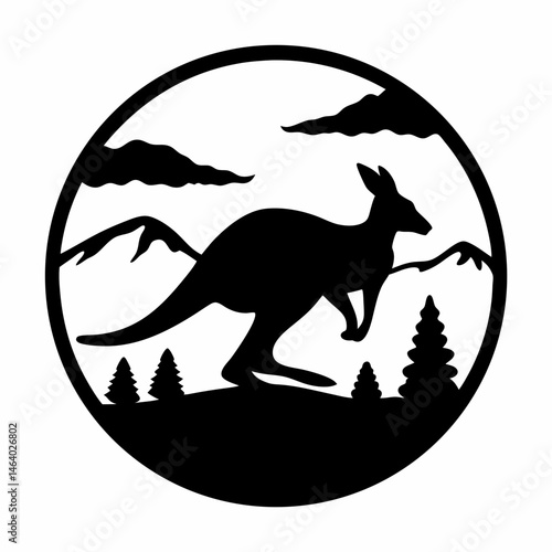 Silhouette of a kangaroo with scenery inside a circle for australian design