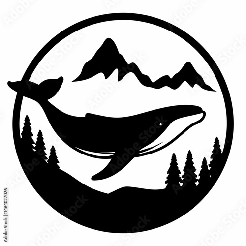 Silhouette of a whale swimming with mountains and trees within a circle frame