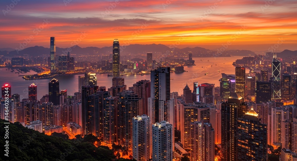 Fototapeta premium Photo Vibrant Hong Kong City Skyline Urban Architecture Night View