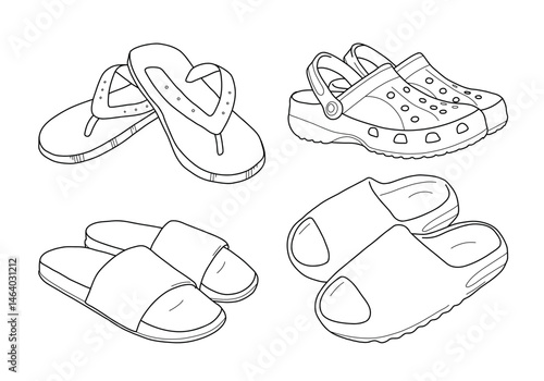 Vector set of summer sandals: flip-flops, slides, crocs, and beach slippers. Fun casual footwear illustration, perfect for summer, vacation, or beach-themed designs.
