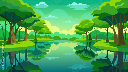 The mirrorlike surface of the tranquil mangrove lagoon reflects the vibrant green hues of the surrounding forest.