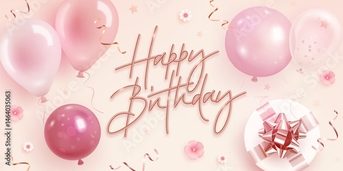 Vector happy birthday elegant greeting card, invitation or horizontal banner with realistic 3d black, pink and white helium balloons and gift box. Festive backdrop. Vector illustration