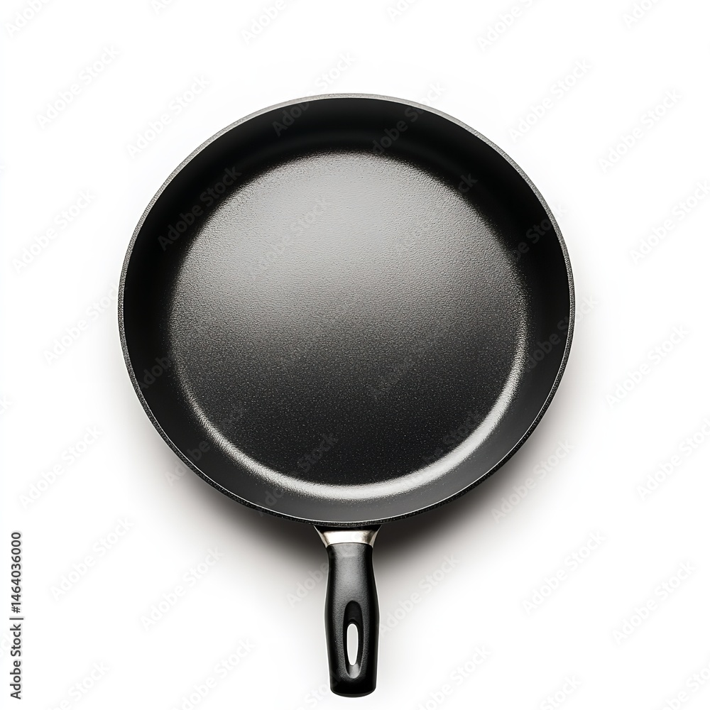 Top view of black non stick frying pan skillet with handle for cooking on white background kitchenware Top view of black non stick frying pan skillet with handle for cooking on white background kitchenware