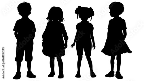 "Silhouetted four Children Standing in a Row – Minimalist Contrast"