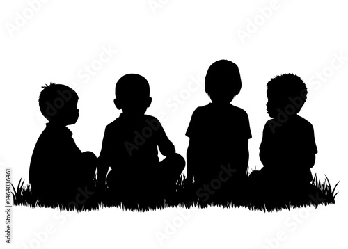 "Silhouetted four Children Sitting on Grass – Peaceful Outdoor Scene"