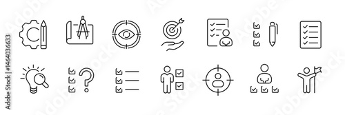 Business and productivity icon set – outline style symbols for task management and goal setting: gear, pencil, target, checklist, lightbulb, question mark, user, flag