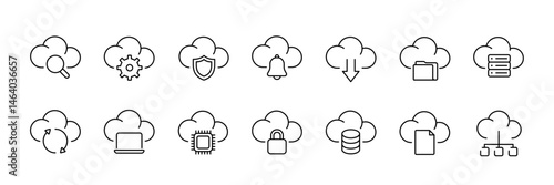 Cloud computing icon set – linear style technology and security symbols for data management and network solutions: cloud, download, shield, gear, server, database, folder
