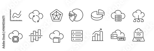 Data and cloud computing icon set – outline style digital technology symbols for network infrastructure, analytics, and storage solutions: server, cloud, pie chart, graph, database, cpu, vps