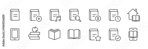 Library and reading icon set – outline style symbols for books, literature, and education: book, e-reader, bookshelf, magnifying glass, apple, clock, home