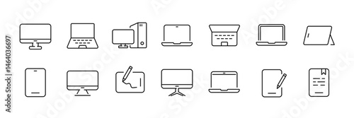 Device icon set – line style computer and technology symbols for digital interfaces and electronics: desktop, laptop, tablet, smartphone, monitor, screen, e-reader