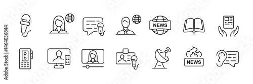 Media and communication icon set – outline style symbols for journalism, broadcasting, and content sharing: microphone, reporter, news globe, speech bubble, satellite dish, podcast