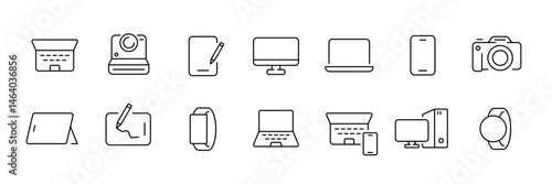 Technology devices icon set – linear style gadgets and electronics for digital communication and modern workspaces: smartphone, laptop, desktop, tablet, camera, smartwatch, stylus