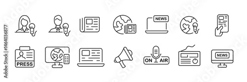 Journalism and media outline icons set – linear style news and reporting symbols for broadcasting, press, and communication: news anchor, microphone, newspaper, globe, laptop, megaphone, press pass