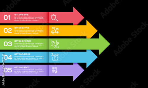 5 Steps or options business growth infographic colorful arrow on black background. Business presentation, Banner, Brochure, Report and Strategy. Vector illustration.