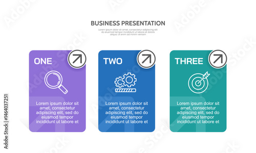 Infographic simple 3 banner with label and icon with arrow. Presentation, Plan, Strategy and Report. Vector illustration.