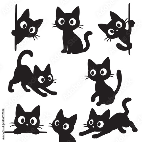 Set of black cats looking out of the corner.. cat collection . vector 