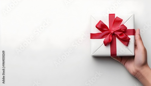 A hand holds a small, white gift box with a red ribbon bow, set against a white background