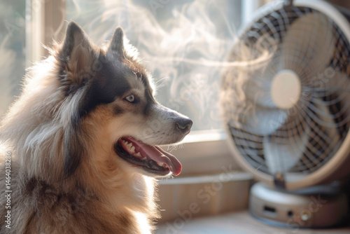 Fluffy husky dog cooling off in front of a fan on a hot sunny day, enjoying the breeze indoors near a window