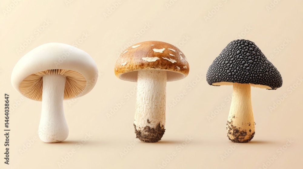 Variety of Fresh Mushrooms on Neutral Background in Soft Light Variety of Fresh Mushrooms on Neutral Background in Soft Light