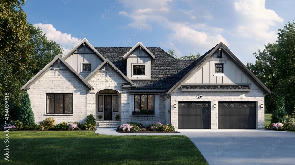 Exterior rendering of a modern farmhouse style home. Exterior rendering of a modern farmhouse style home.