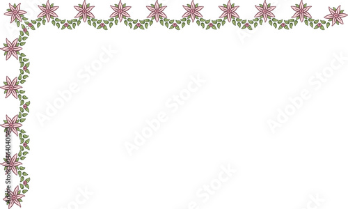 L-shaped garland with flowers and leaves. Illustration made with a garland of flowers and leaves on a white background creating a L-shaped border.