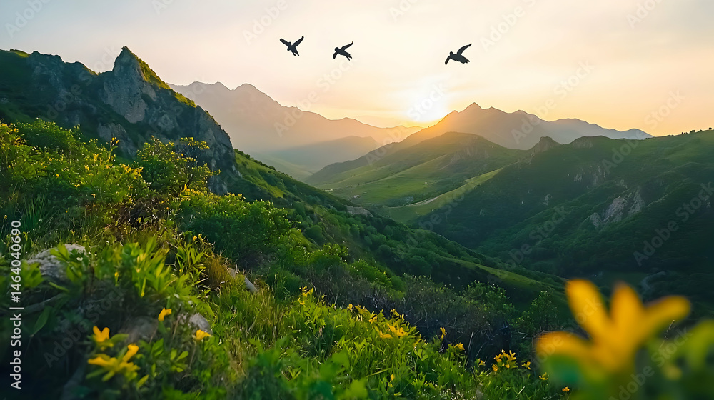 Obraz premium Sunrise Over Mountain Valley With Birds And Flowers