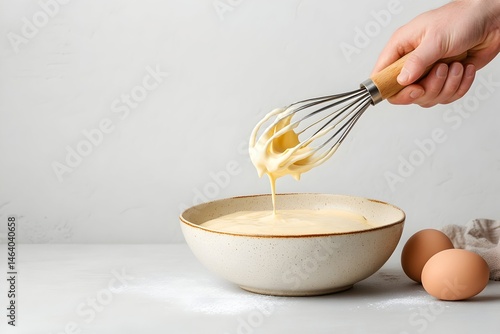 A hand whisks creamy batter from a bowl,  eggs and flour nearby