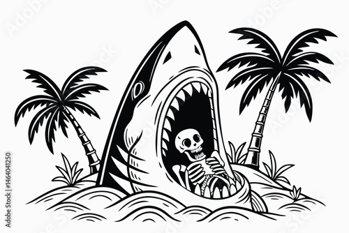 80 Shark mouth open wide, skeleton sitting inside, palm trees, black and white illustration, tattoo style, sharp teeth, tropical theme, macabre, surreal, detailed linework, contrast, beach vacation go