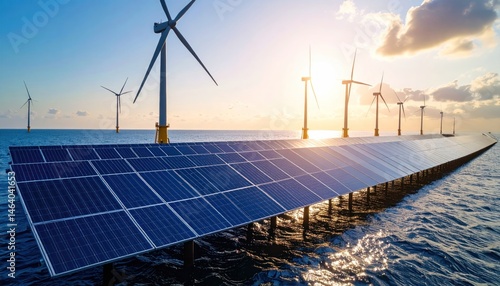 Solar Panel and Wind Turbine in Ocean