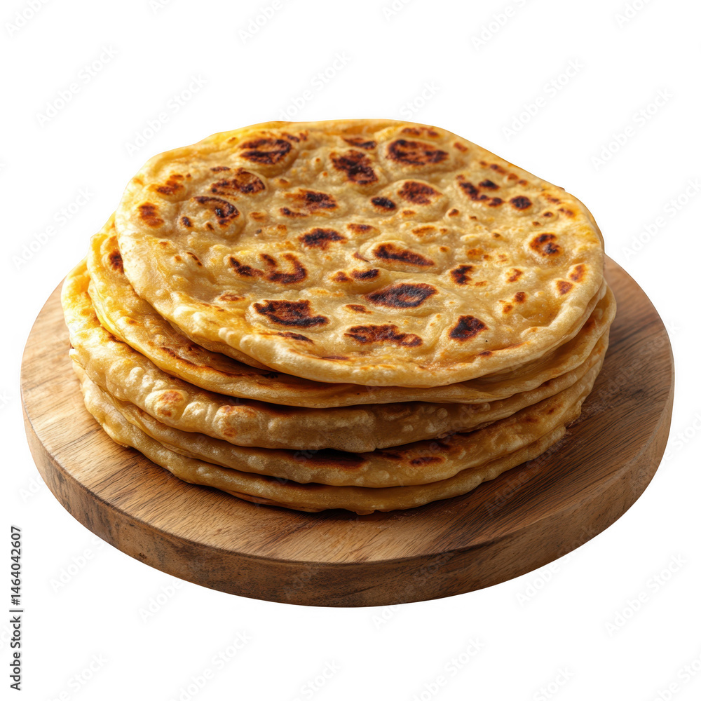 Stack of paratha on a wooden board isolated on transparent background Stack of paratha on a wooden board isolated on transparent background