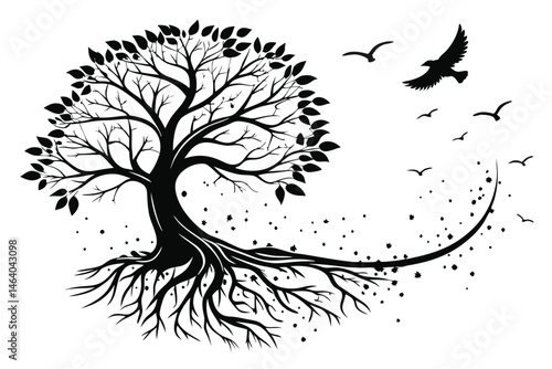 81 Black and white illustration, silhouette of a tree, abstract roots, ink splatter, minimalist design, negative space, surreal artwork, organic shapes, monochromatic palette, artistic composition, na