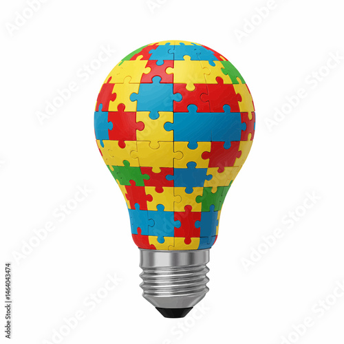 A light bulb delicately crafted from interlocking puzzle pieces. Brightly colored on a transparent white background, suitable for vector graphics.