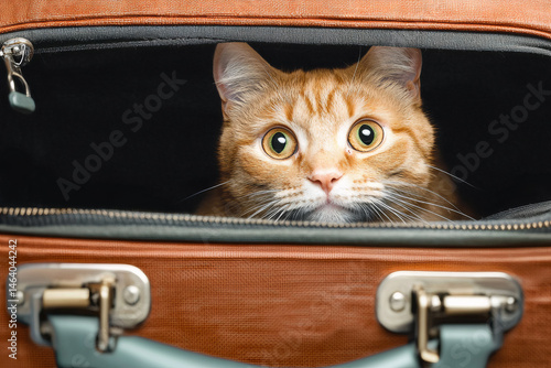 Ginger Cat in Suitcase, Curious Pet Portrait.