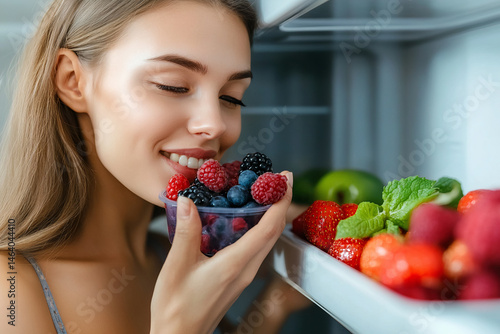 Smiling Woman Smelling Fresh Berries in Refrigerator