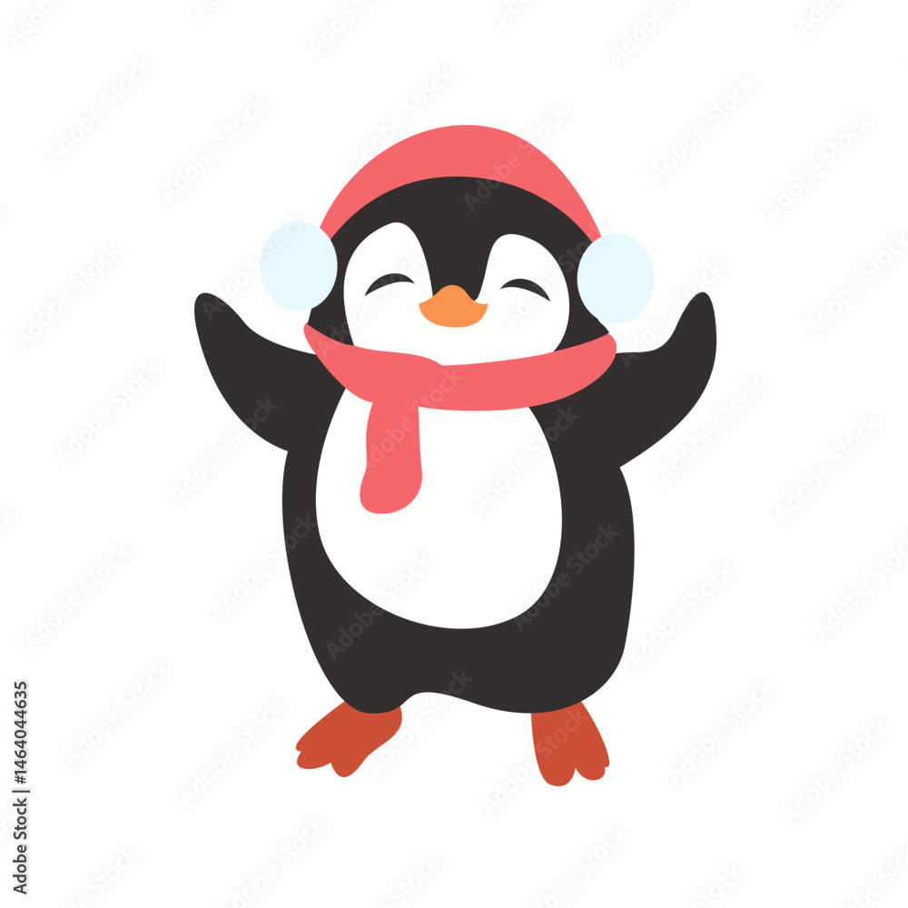 Fototapeta premium Cute Penguin Winter Hat Scarf Joy