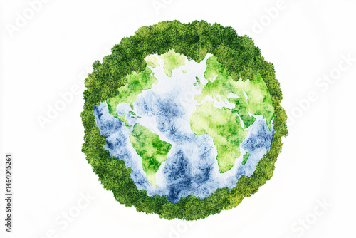 Watercolor Earth Globe Surrounded by Trees on White Background.