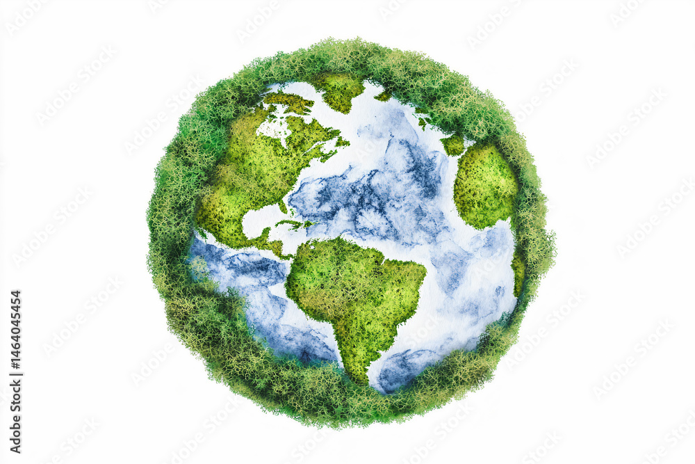 Ecological Earth Globe with Moss and Watercolor Texture, Isolated on White Ecological Earth Globe with Moss and Watercolor Texture, Isolated on White
